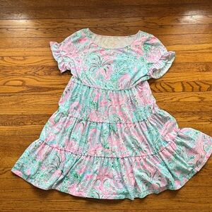 Lilly Pulitzer Pink & Aqua Botanical Tiered Flutter-Sleeve Dress